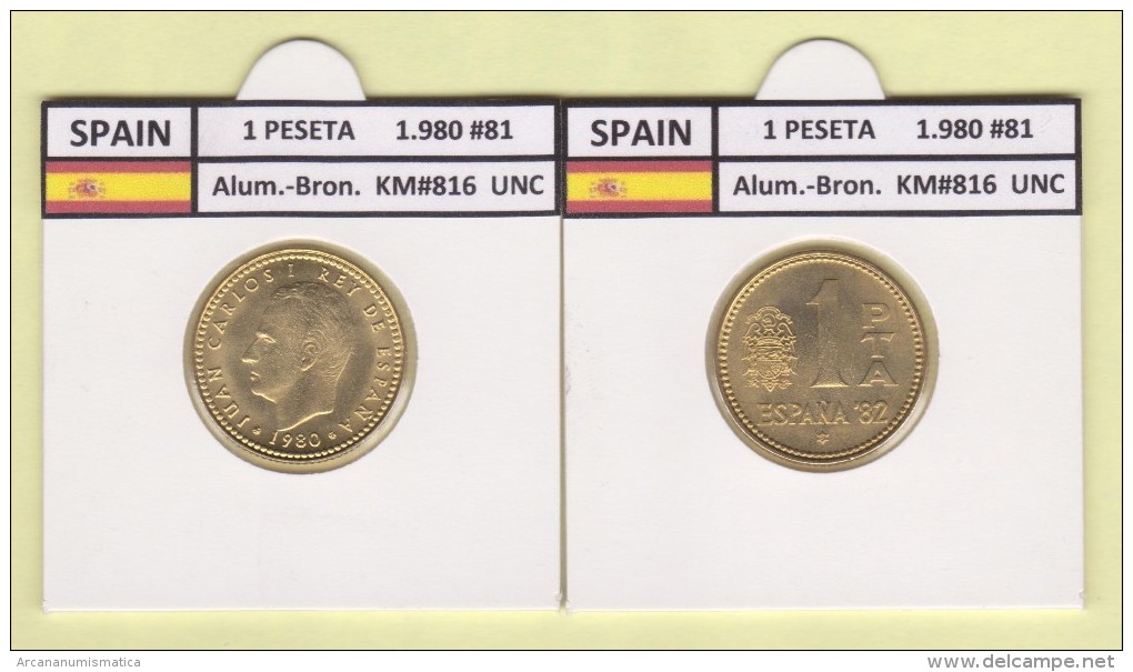 SPAIN /JUAN CARLOS I    1 PESETA  1.980 #81  Aluminium-Bronze  KM#816   Uncirculated  T-DL-9370 - 1 Peseta