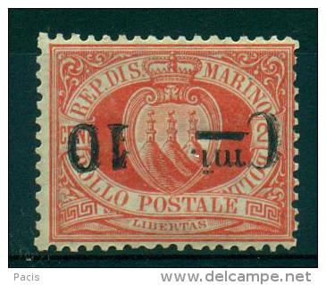 SAN MARINO 1892 STEMMA CENT. 10 SU 20 SOPRASTAMPA CAPOVOLTA FIRMATO   MOLTO RARO - Variedades Y Curiosidades