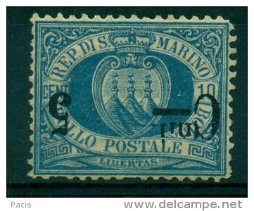 SAN MARINO 1892 STEMMA CENT. 5 C SU 10 AZZURRO  SOPRASTAMPA CAPOVOLTA   MOLTO RARO - Abarten Und Kuriositäten