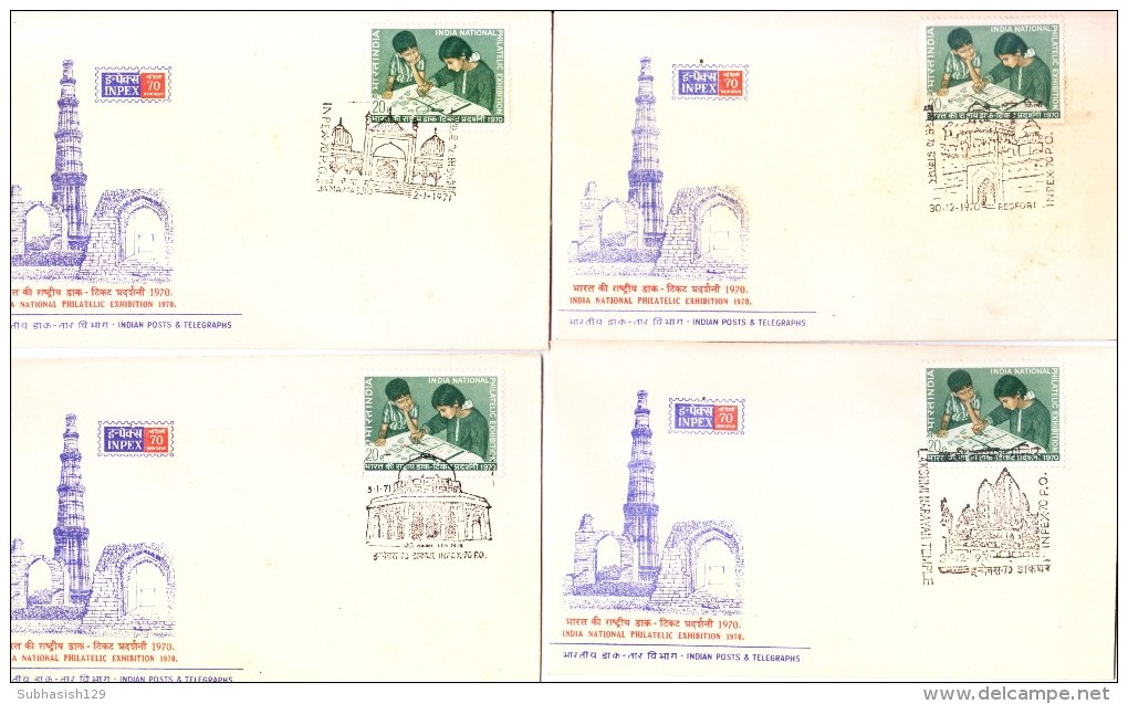 India Special Cover - Set Of 11 Issued On Inpex 70, Different Post Marks, Qutub Minar, Red Fort, India Gate, Jama Masjid - Briefe
