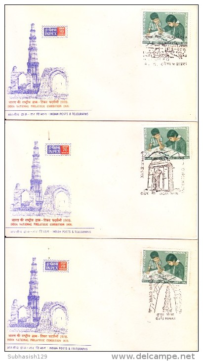 India Special Cover - Set Of 11 Issued On Inpex 70, Different Post Marks, Qutub Minar, Red Fort, India Gate, Jama Masjid - Briefe