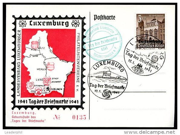 LUXEMBOURG GERMAN OCCUPATION Card Illustrated W/Many Invasion Alusive Cancels - 1940-1944 German Occupation