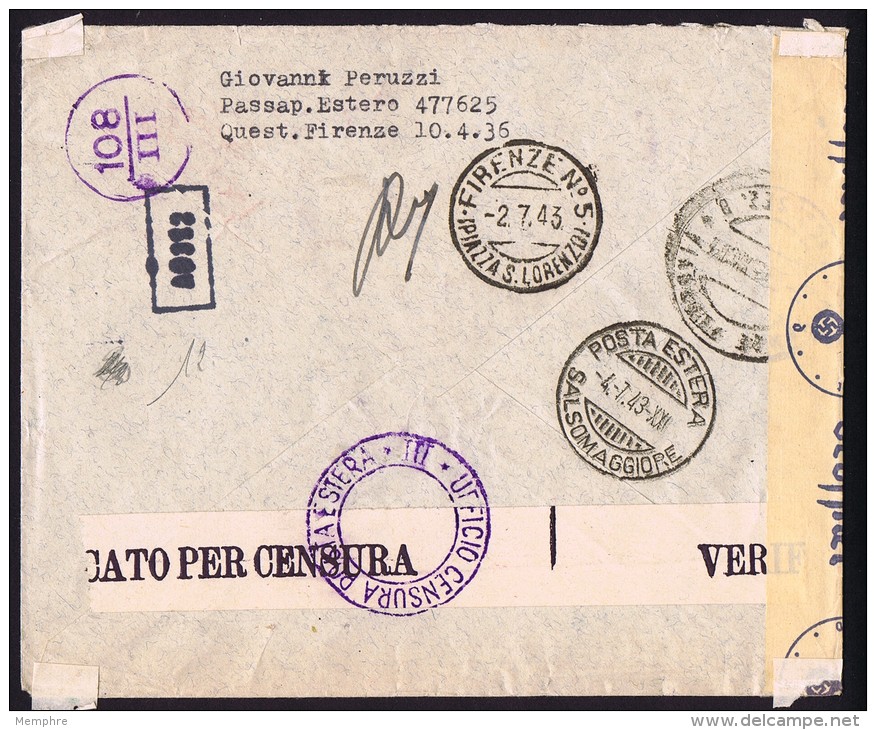 1943  Busta Recomandata Per Francia  Sass 465, 468, 469 Censure Italiana E Tedesca - Poste Exprèsse