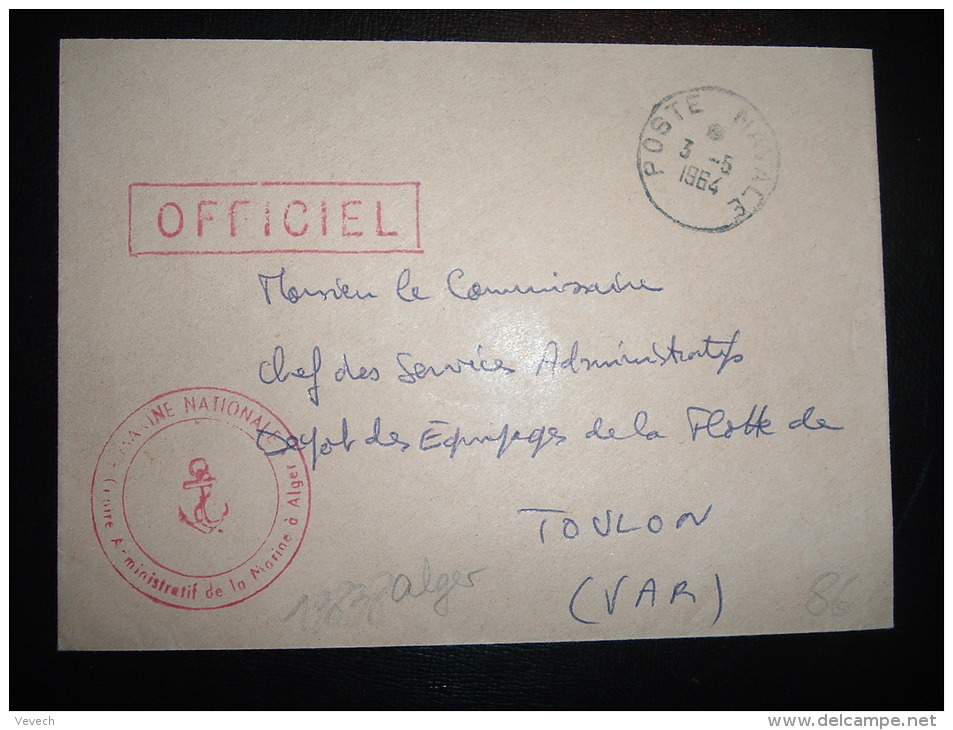 LETTRE OBL. 3-5-1964 POSTE NAVALE + GRIFFE C.AM. ALGER - Seepost