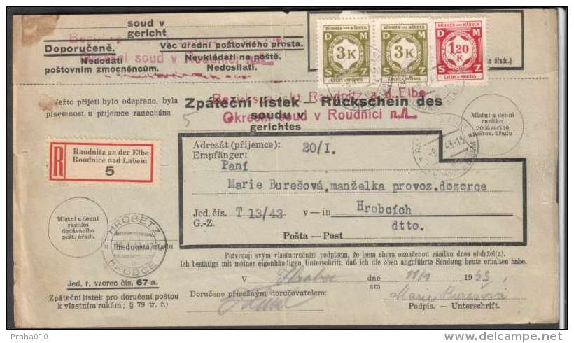 BuM0829 - Böhmen Und Mähren (1943) Raudnitz An Der Elbe - Roudnice Nad Labem / Hrobetz - Hrobce (R-letter) Tariff: 7,20K - Covers & Documents