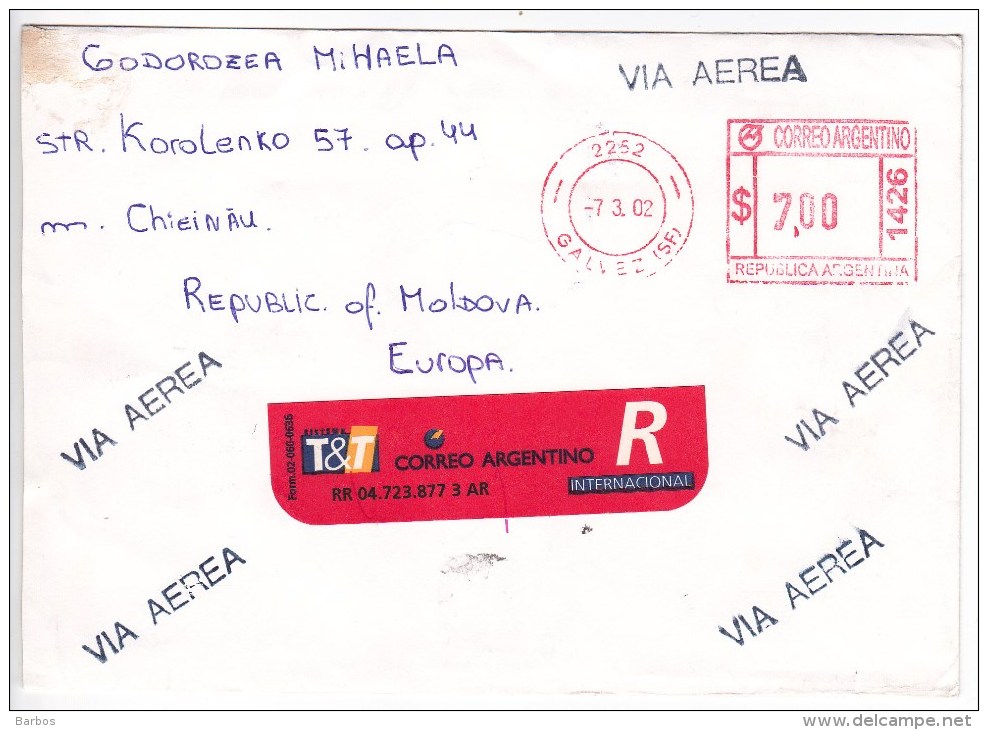 Argentina  To Moldova ; 2002 ;  Used Cover - Briefe U. Dokumente