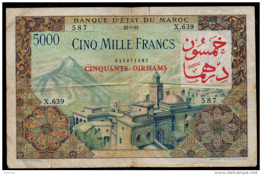 5000 CINQ MILLE FRANCS 50 DIRHAMS MAROCCO 23.07.1953 - Morocco