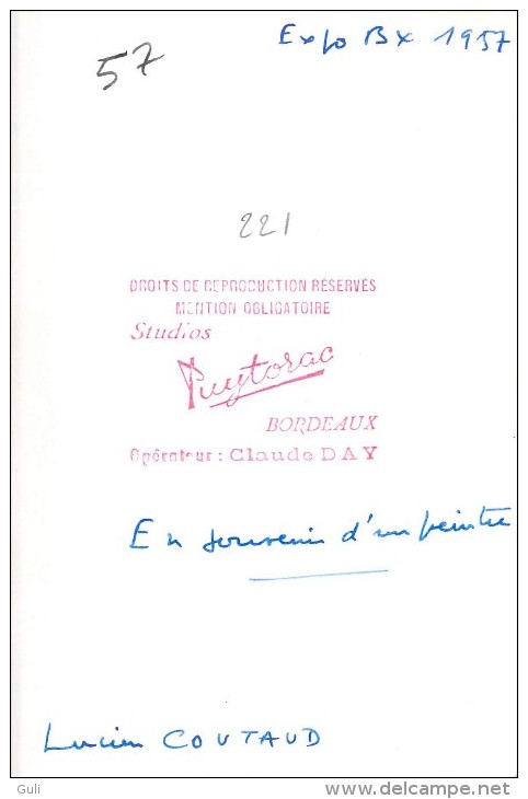 Photo Studios PUYTORAC  Bordeaux Opérateur C.Day  Année 1957  (En Souvenir D´un Peintre "Lucien Coutaud") - Autres & Non Classés