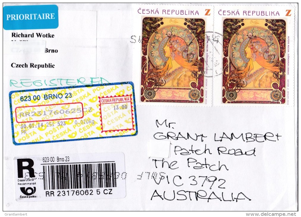 Czech Republic 2014 Registered Letter To Australia - Covers & Documents