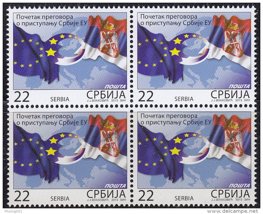 Serbia 2014 Negotiation For Accession To European Union, Flags, Block Of 4 MNH - 2014