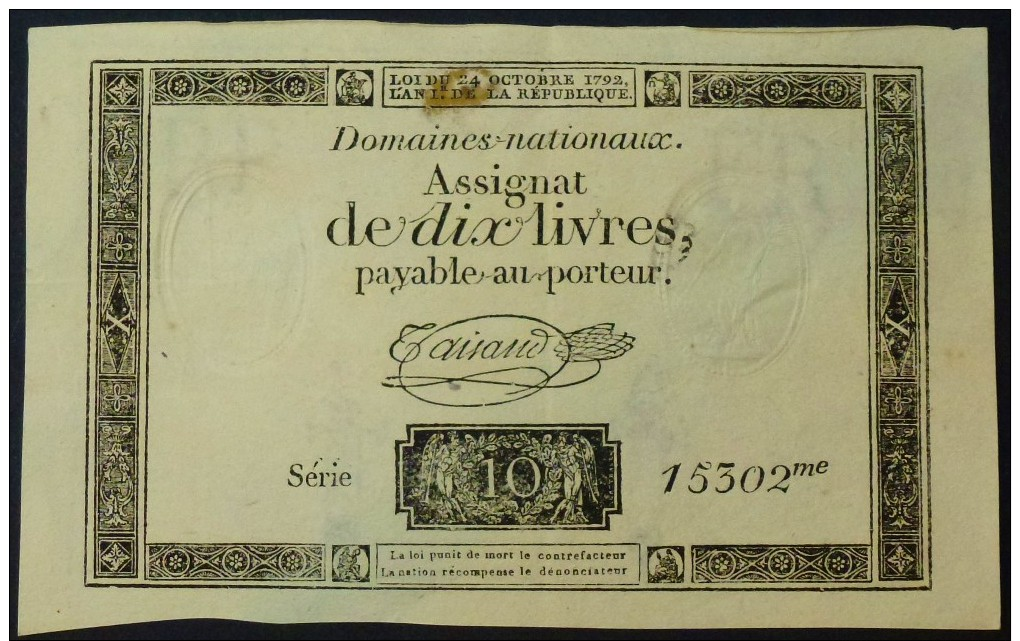 ASSIGNAT De 10 Livres Série 15302 Du 24 Octobre 1792. Paper Money - Assignats & Mandats Territoriaux
