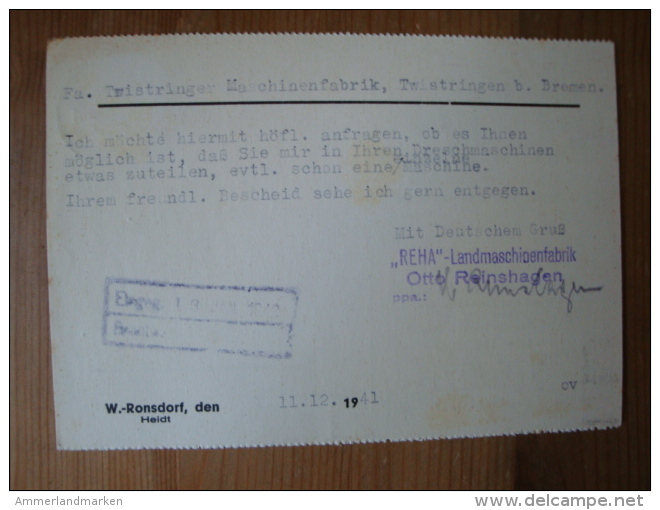 Alte Firmenpostkarte "Landmaschinenfabrik Otto Reinshagen, Wuppertal-Ronsdorf-Heidt" Gelaufen 1941 ! - Sonstige & Ohne Zuordnung