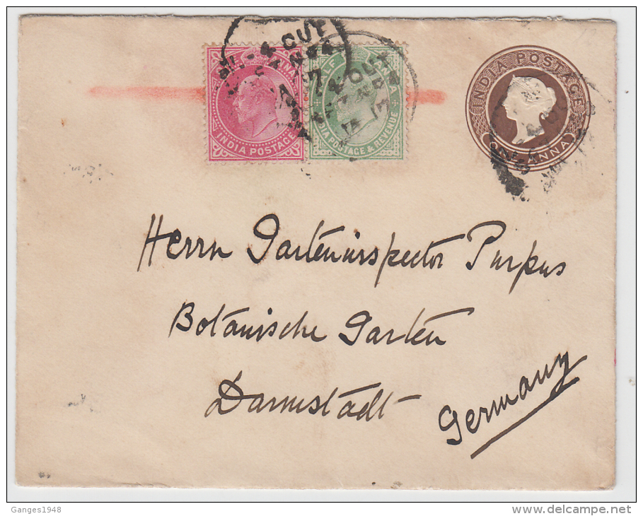 India 1917 QV 1A PS  Envelope Tied Railway  T-OUT/IN SET NO 4 To Germany # 81212 Inde Indien - 1902-11 King Edward VII