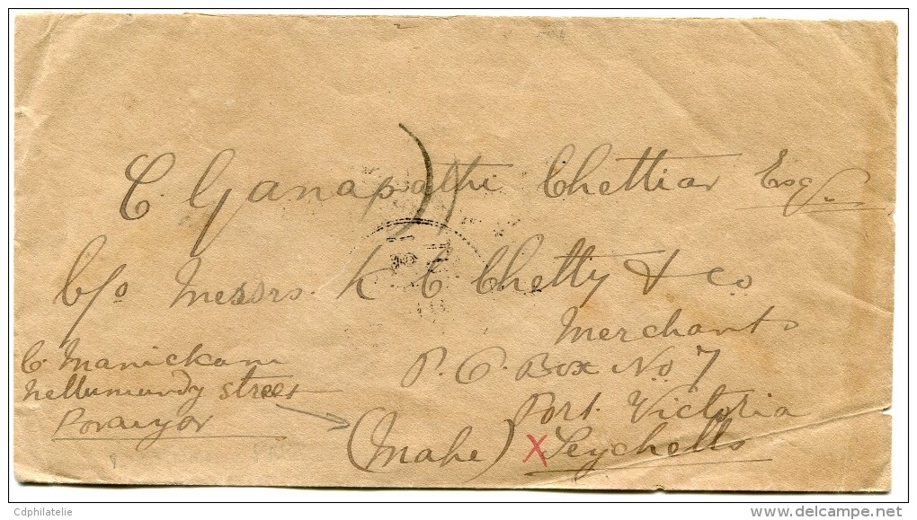 INDES ANGLAISES LETTRE DEPART PORAYAR 28 JU 09 POUR LES SEYCHELLES - 1902-11 Koning Edward VII