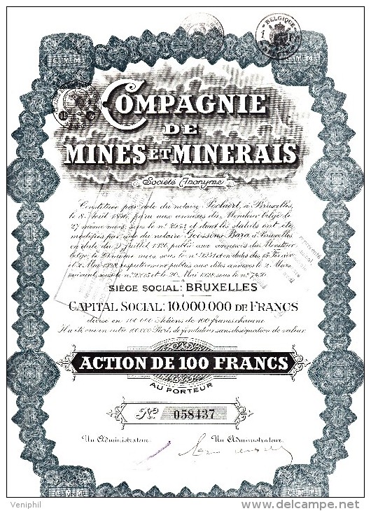 COMPAGNIE DE MINES ET MINERAIS - ACTION DE 100 FRANCS  1926 - Mijnen