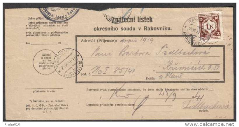 BuM0823 - Böhmen Und Mähren (1941) Rakonitz 1 - Rakovnik 1 / Kschimitz - Krimice (acknowledgment Of Receipt) - Covers & Documents