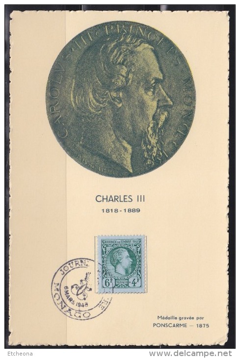 = Monaco Carte Postale Charles III 1818-1889 N°301 Journée Du Timbre 6 Mars 1948 Médaille Gravée Par Ponscarme 1875 - Postmarks