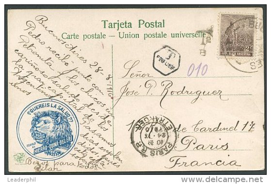 ARGENTINA TO FRANCE TAXE Postcard W/Advertising Hierro - Quina - Bisleri 1916 VF - Oblitérés