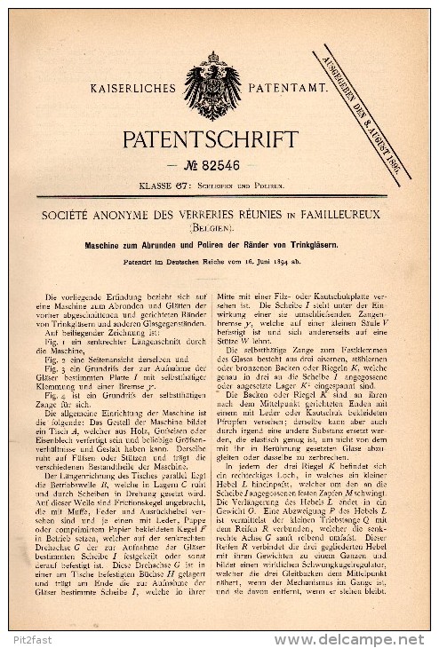 Original Patentschrift - Société Anonyme De Verreries Réunies In Familleureux , 1894 , Maschine Für Gläser , Glas !!! - Manage