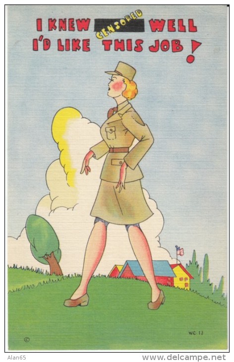 US Anti-German Propaganda Humor, WAC Woman Likes Being In Army Auxilary, C1940s Vintage Linen Postcard - Humour