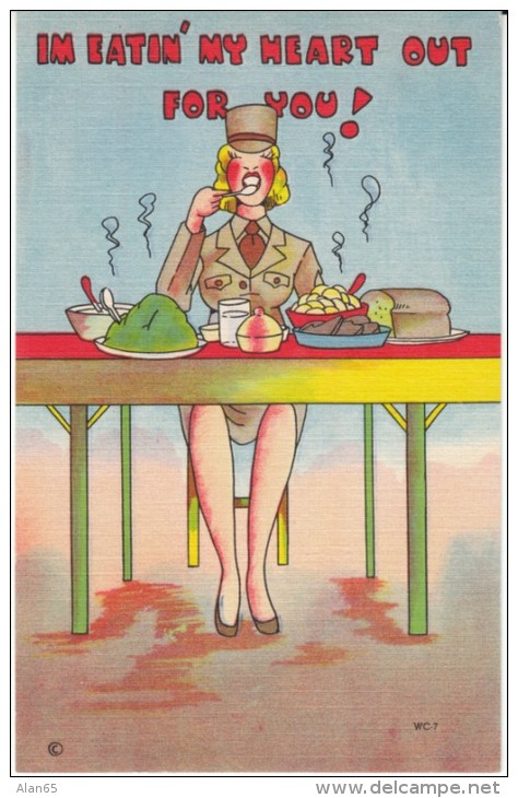 US Anti-German Propaganda Humor, WAC Woman Eats A Lot Of Food, C1940s Vintage Linen Postcard - Humor