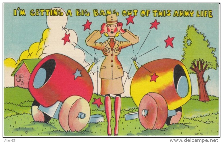 US Anti-German Propaganda Humor, WAC Woman Gets Big Bang Out Of Army Life, C1940s Vintage Linen Postcard - Humor