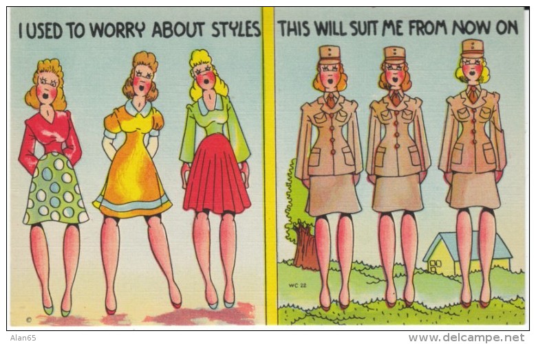 US Anti-German Propaganda Humor, WAC Woman Used To Worry About Fashion, Uniforms, C1940s Vintage Linen Postcard - Humour