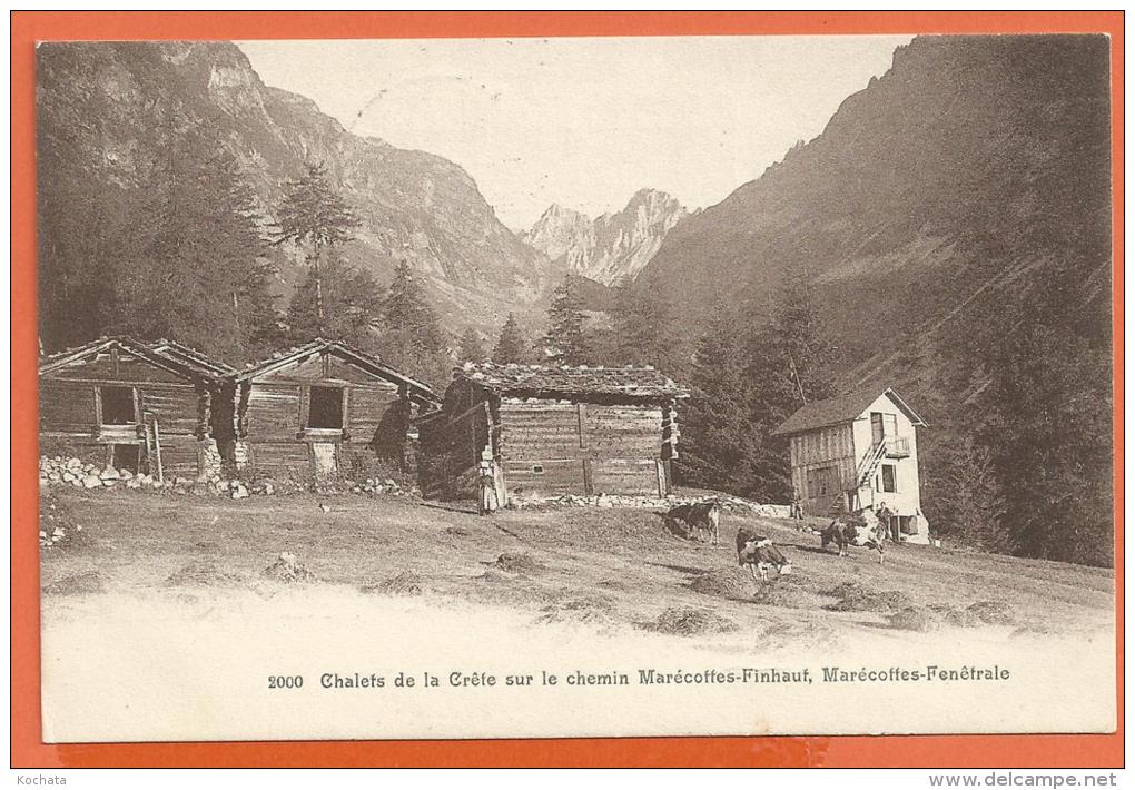 EGG795, Chalets De La Crête Sur Le Chemin Marécottes -  Finhaut, Marécottes - Fenêtrale, Vaches, Animée, Circulée 1909 - Finhaut