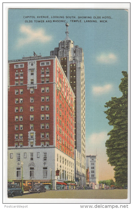 Capitol Avenue Olds Hotel Tower Masonic Temple Lansing Michigan Linen Postcard - Lansing