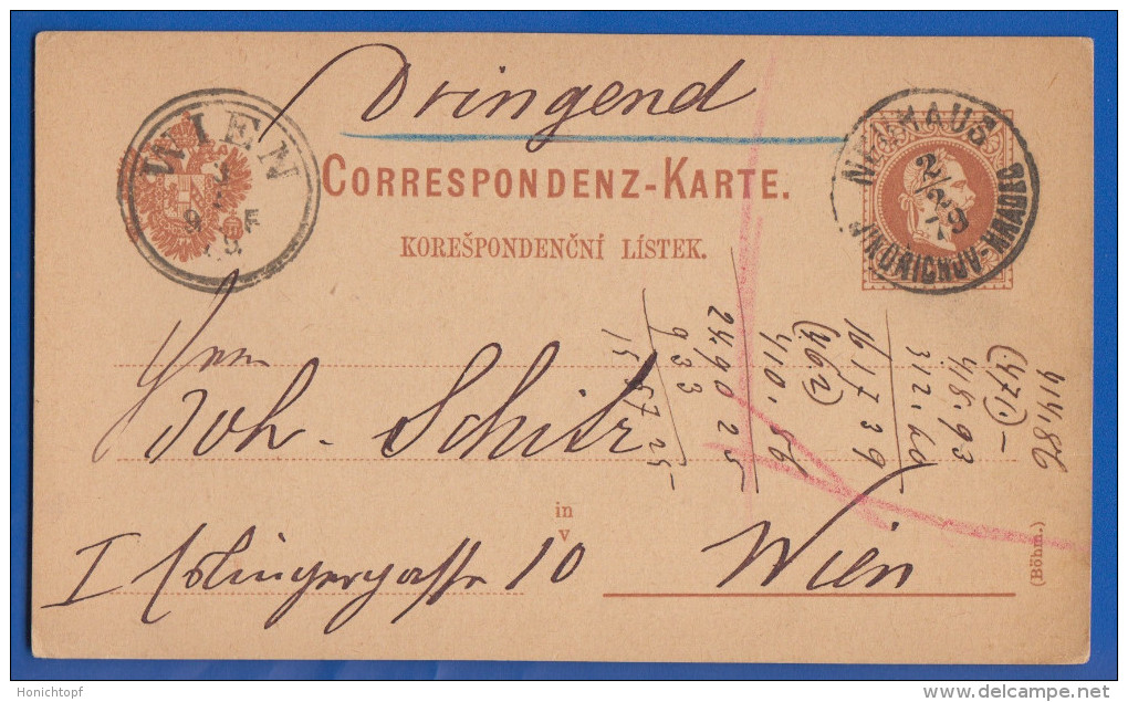 Tschechien; PC Korrespondencni Listek; Correspondenz Karte; 1879 Von Neuhaus Jindrichuv Hradec Nach Wien - Postales