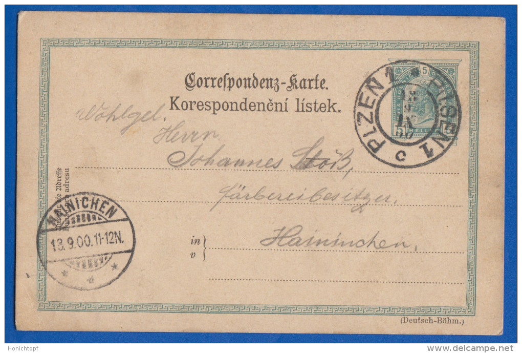 Tschechien; PC Korrespondencni Listek 5 Heller; Correspondenz Karte; 1900 Von Pilzen Nach München - Cartes Postales