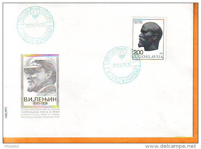 Yugoslavia 1974 Y FDC Famous Persons Lenin 50th Death Ann Mi No 1556 Postmark RARE Pakrac 20.04.1974. - FDC