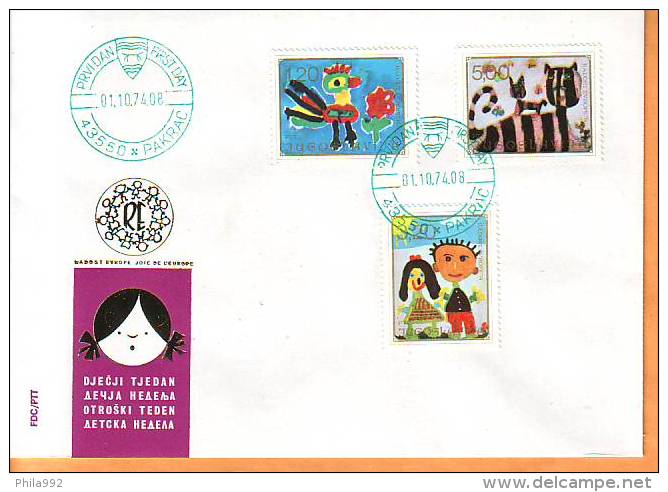 Yugoslavia 1974 Y FDC Children Joy Of Europe  Mi No 1573-75 Postmark RARE Pakrac 01.10.1974. - FDC