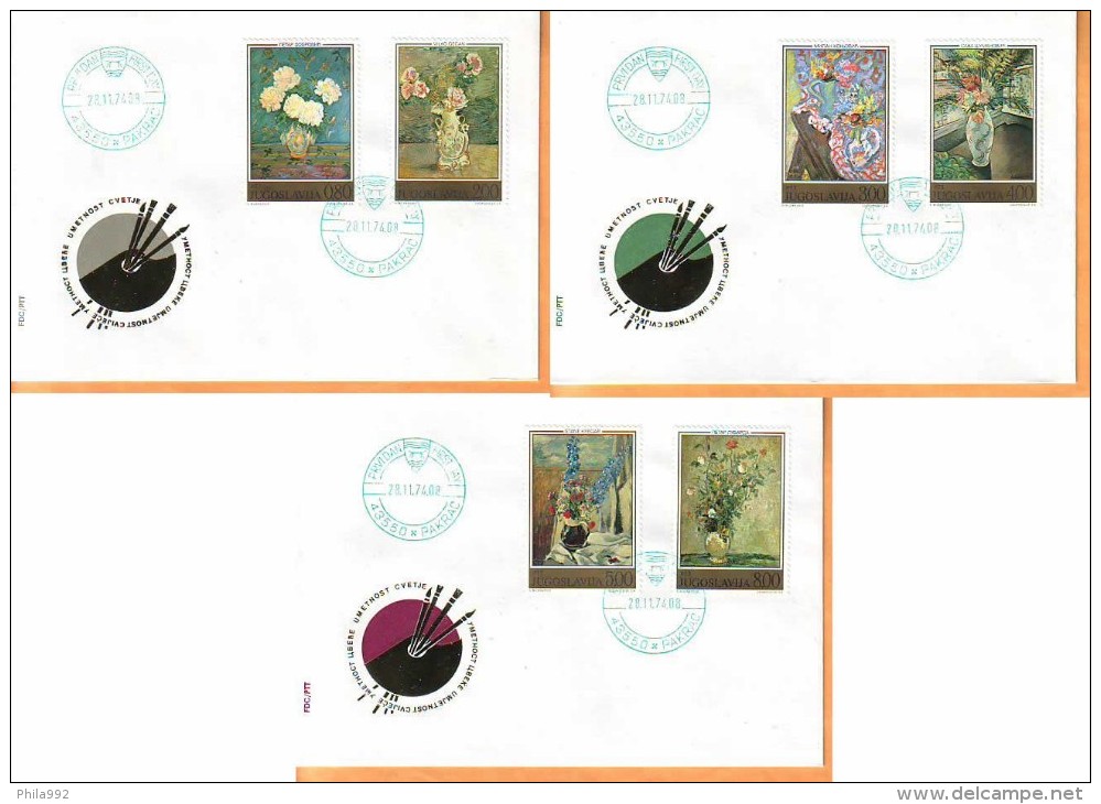 Yugoslavia 1974 Y FDC Art Paintings Flowers  Mi No 1577-82 Postmark RARE Pakrac 28.11.1974. - FDC