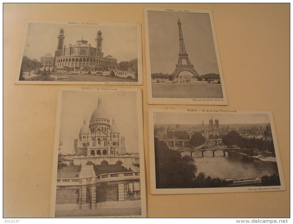 LOT DE 4 CARTES PARIS...TROCADERO..TOUR EIFFEL.SACRE COEUR ET ILE DE LA CITE.. PUBLICITE HEMOGLOBINE DESCHIENS - 5 - 99 Cartoline