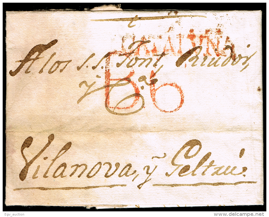 BARCELONA PREF. - BARCELONA PE 48 R - 1824 CARTA CIRC. A VILANOVA + PORTEO 6 - ...-1850 Préphilatélie