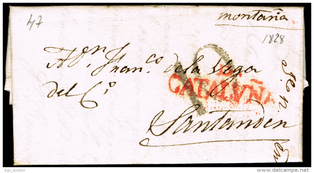 BARCELONA PREF. - BARCELONA PE 48 R - 1828 CARTA CIRC. A SSANTANDER + PORTEO 10 - ...-1850 Préphilatélie