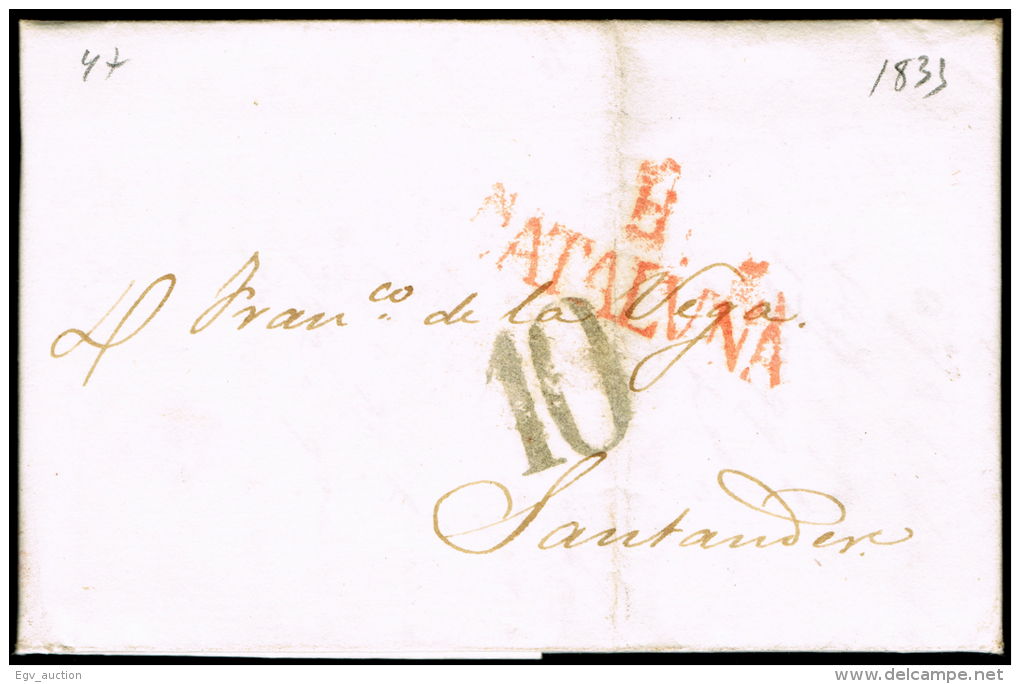 BARCELONA PREF. - BARCELONA PE 49 R - 1834 CARTA CIRC. A SANTANDER + PORTEO 10 P - ...-1850 Préphilatélie