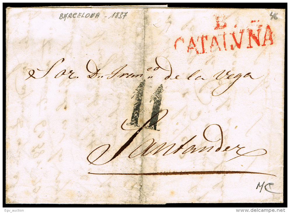 BARCELONA PREF. - BARCELONA PE 49 R - 1837 CARTA CIRC. A SANTANDER + PORTEO 11 - ...-1850 Préphilatélie