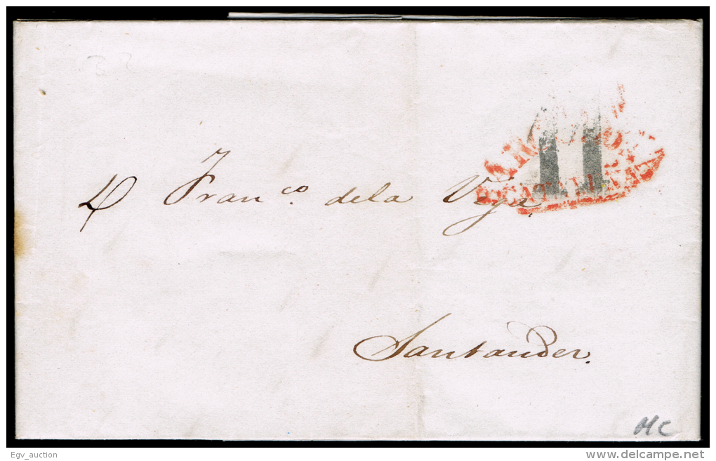 BARCELONA PREF. - BARCELONA PE 51 R - 1841 CARTA CIRC. A SANTANDER + PORTEO 11 - ...-1850 Préphilatélie