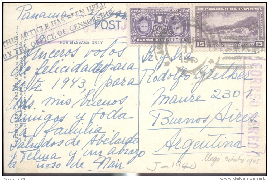 PANAMA CORREO AEREO POSTAL CIRCULADA WITH CENSORSHIP AÑO 1945 LLEGO A BUENOS AIRES - Panama