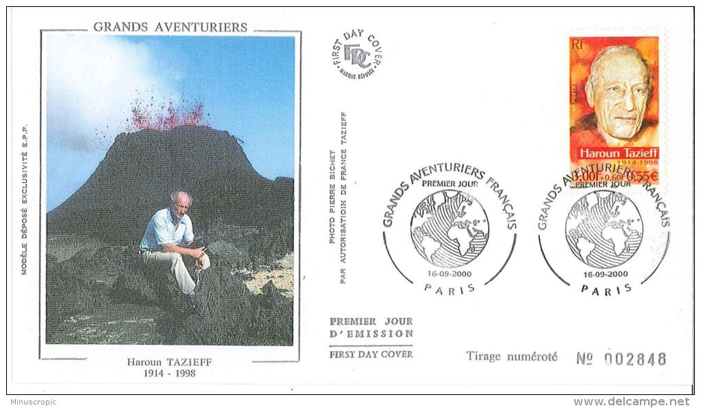 Enveloppe FDC Soie - Grands Aventuriers - Haroun Tazieff - Paris - 2000 - 2000-2009