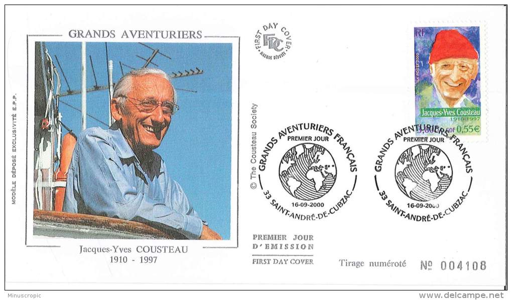 Enveloppe FDC Soie - Grands Aventuriers - Jacques Yves Cousteau - Saint André De Cubzac - 2000 - 2000-2009