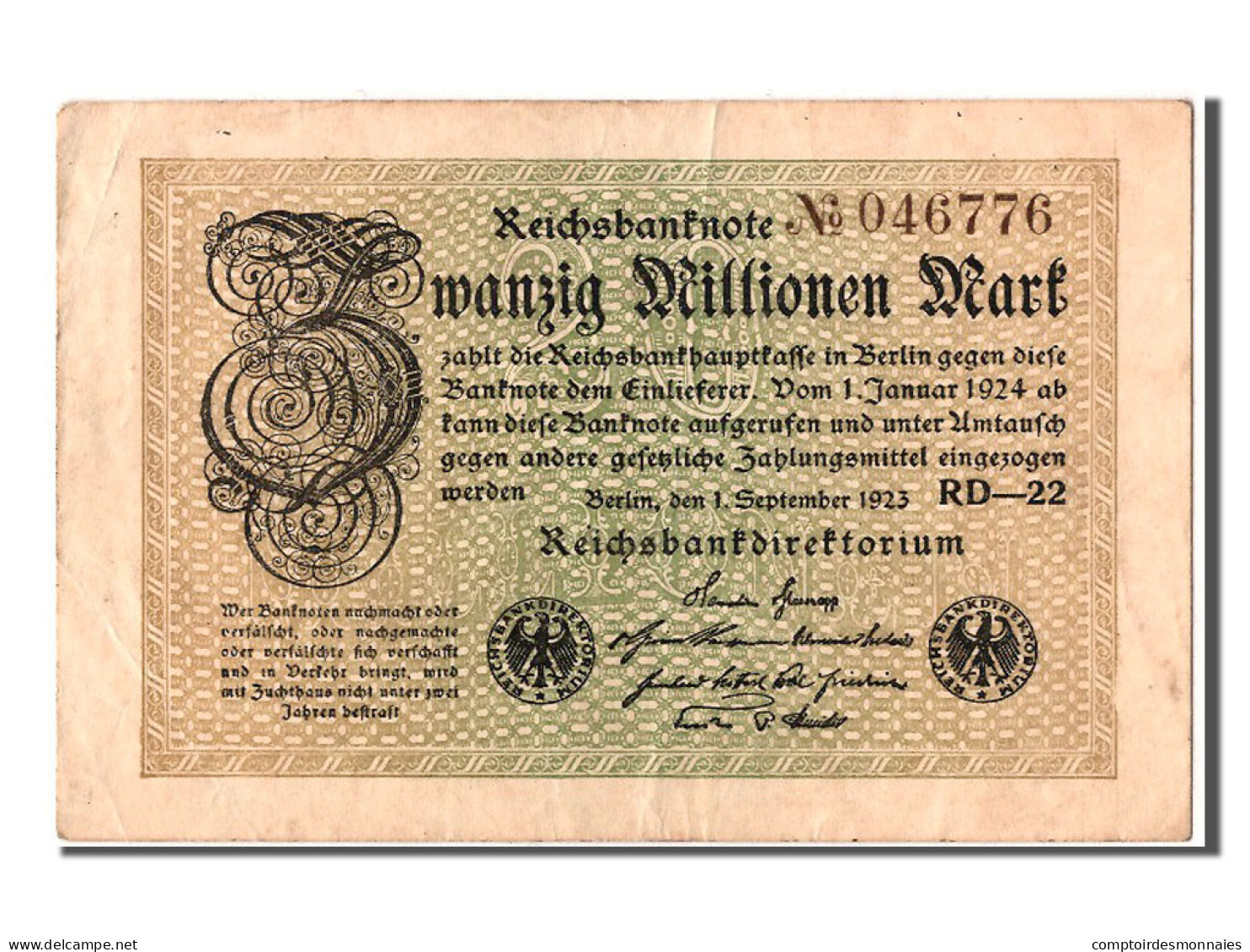 Billet, Allemagne, 20 Millionen Mark, 1923, 1923-09-01, SUP - 20 Mio. Mark