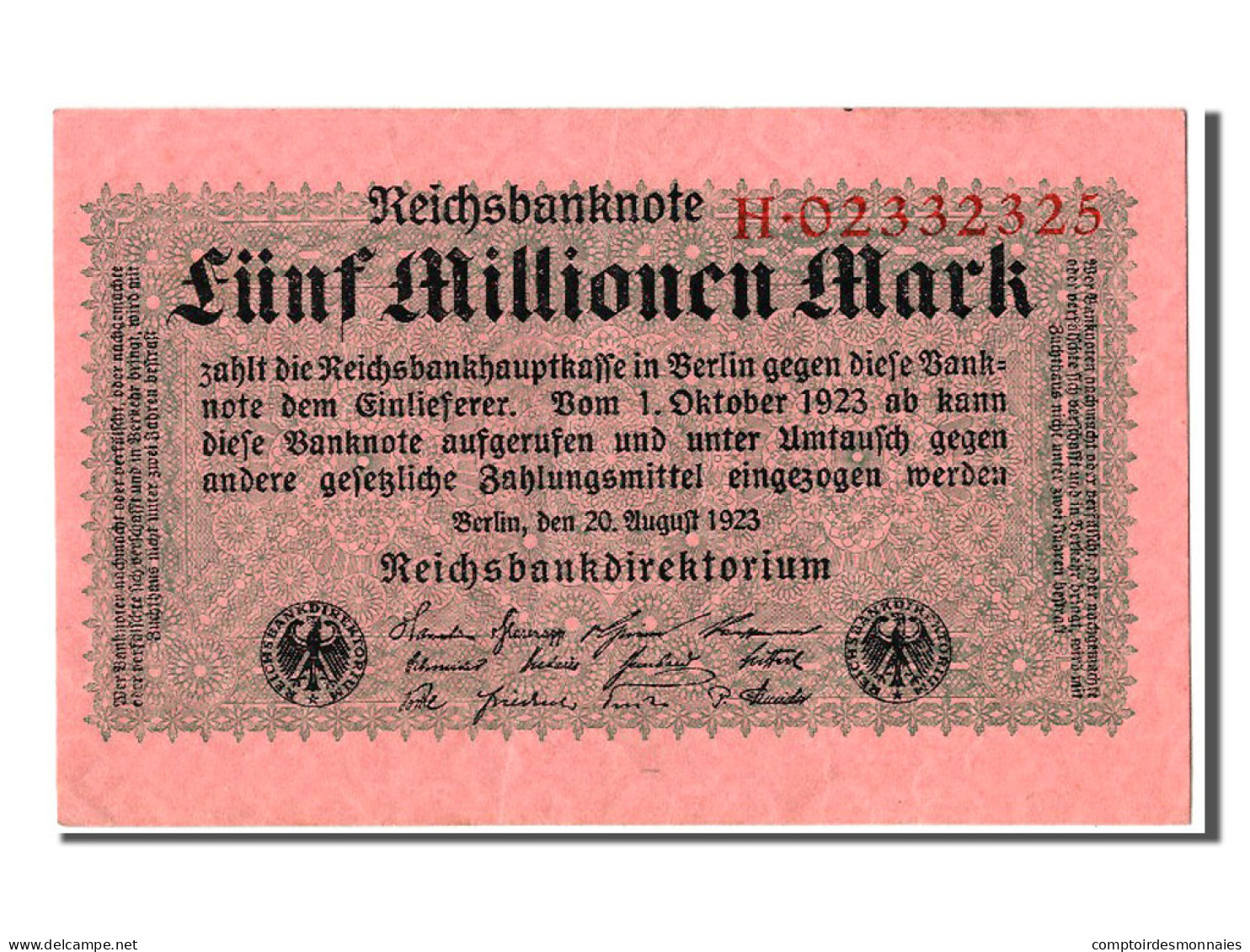 Billet, Allemagne, 5 Millionen Mark, 1923, 1923-08-20, SPL - 5 Miljoen Mark