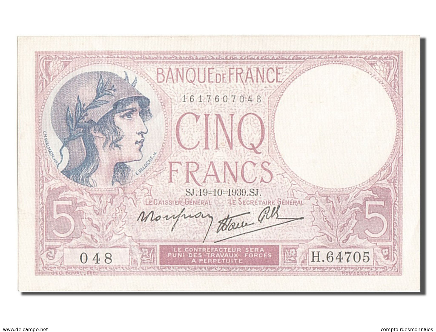 Billet, France, 5 Francs, 5 F 1917-1940 ''Violet'', 1939, 1939-10-19, SPL - 5 F 1917-1940 ''Violet''