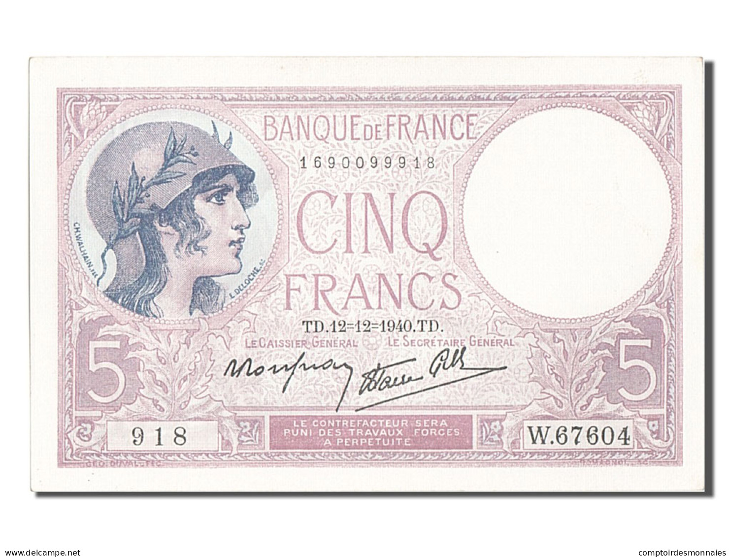 Billet, France, 5 Francs, 5 F 1917-1940 ''Violet'', 1940, 1940-12-12, NEUF - 5 F 1917-1940 ''Violet''