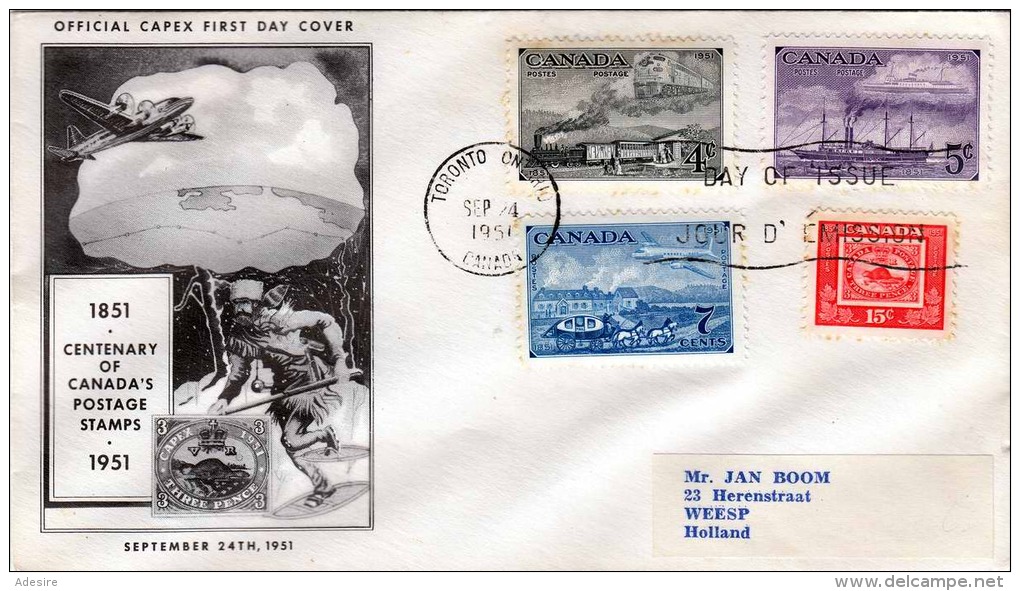 CANADA 1951 - 4 Fach Frankierung Auf First Day Cover, Schmuckbrief, Gel.n. Weesp Holland - ....-1951