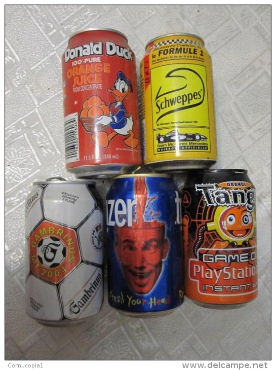 5 RARE COLLECTIBLE VINTAGE CANS FROM THE WORLD: DONALD DUCK ORANGE JUICE, SCHWEPPES, GAMBRINUS,... - Cannettes