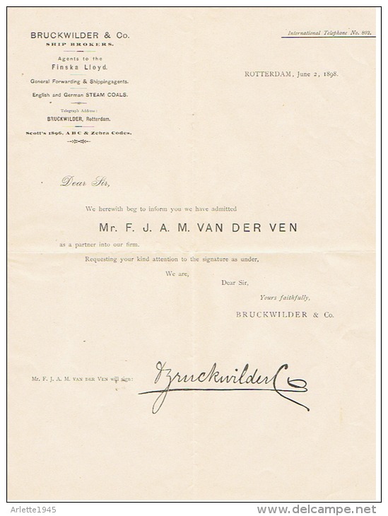 BRUCKWILDER & Co .   à ROTTERDAM  1898 - Pays-Bas